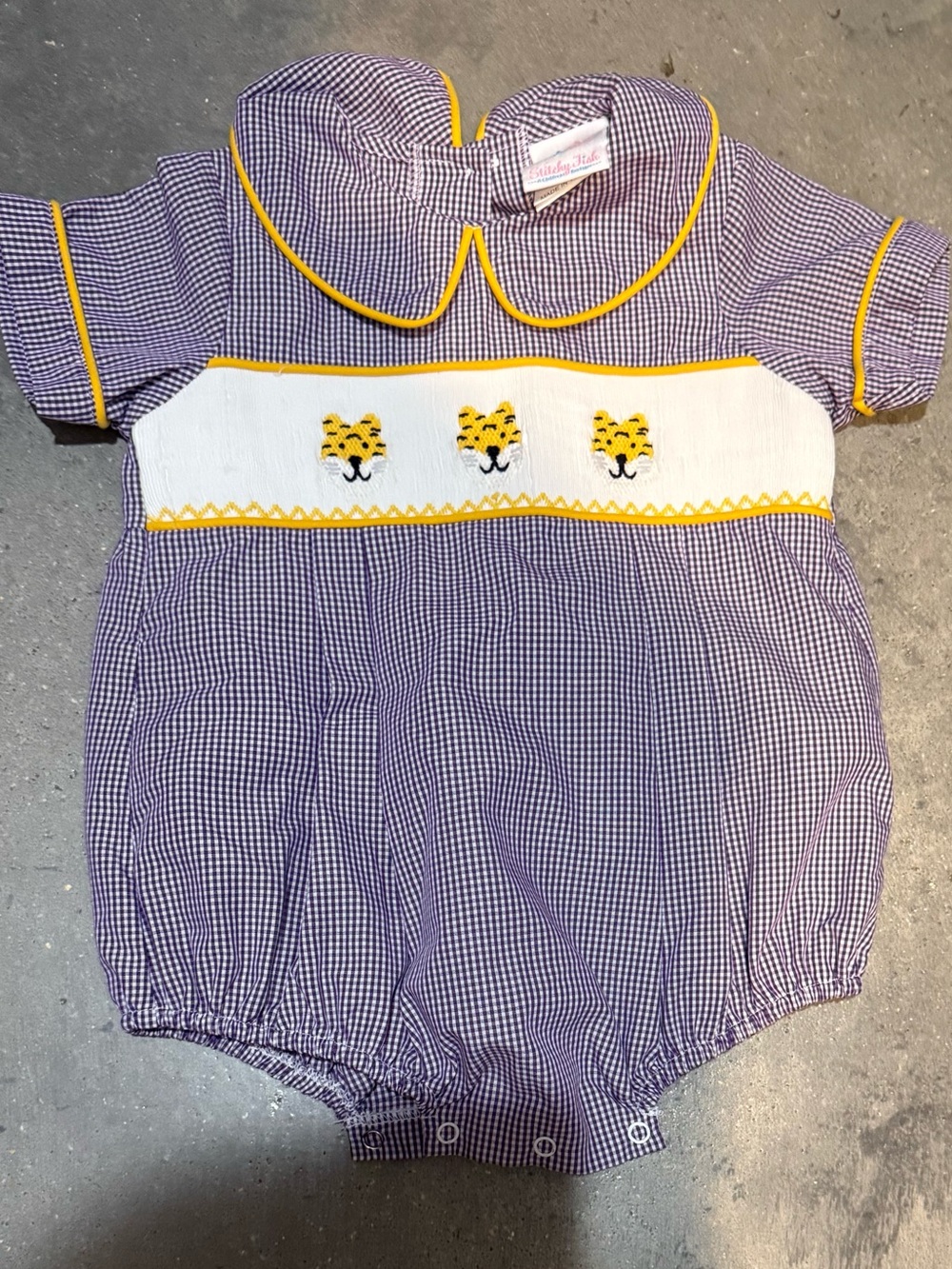 Smocked Tiger Gingham Bubble - Purple and Yellow Kids One-Piece